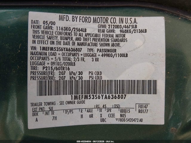 45284654 :رقم المزاد ، 1MEFM53S6YA636807 vin ، 2000 Mercury Sable Ls مزاد بيع