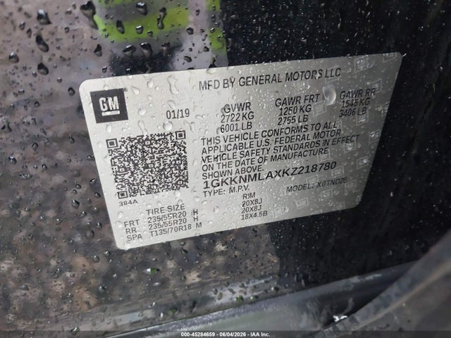45284659 :رقم المزاد ، 1GKKNMLAXKZ218780 vin ، 2019 Gmc Acadia Slt-1 مزاد بيع