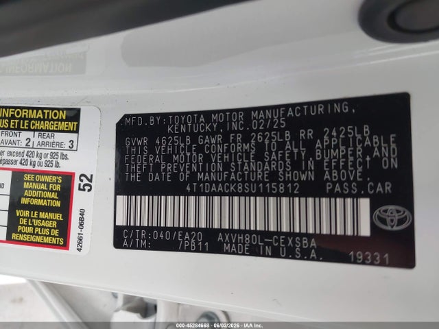 Aukcja sprzedaży 2025 Toyota Camry Se, vin: 4T1DAACK8SU115812, numer aukcji: 45284668