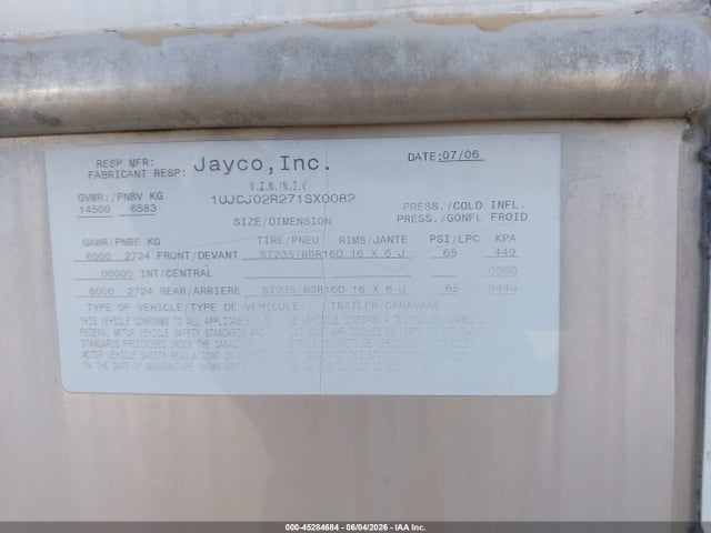 Продаж на аукціоні авто 2007 Jayco Designer, vin: 1UJCJ02R271SX0082, номер лоту: 45284684