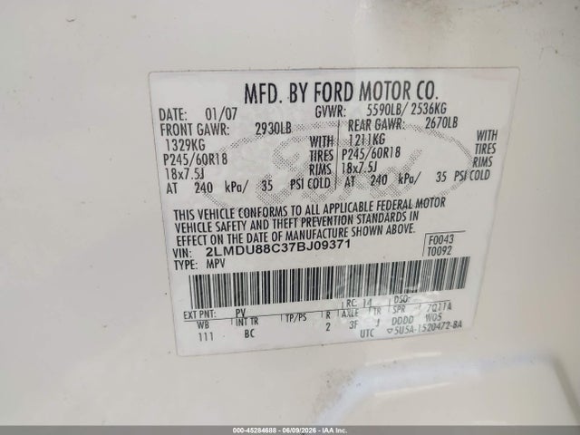 45284688 :رقم المزاد ، 2LMDU88C37BJ09371 vin ، 2007 Lincoln Mkx مزاد بيع