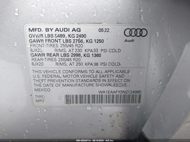 45284714 :رقم المزاد ، WA1EAAFY3N2124985 vin ، 2022 Audi Q5 Premium Plus 45 Tfsi S Line Quattro S Tronic مزاد بيع