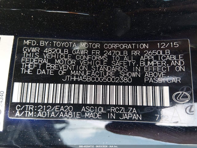 Продаж на аукціоні авто 2016 Lexus Rc 200t, vin: JTHHA5BC0G5002380, номер лоту: 45284732