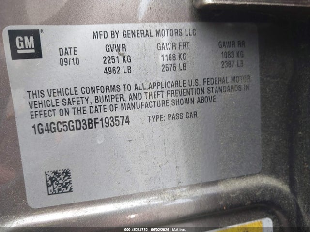 45284752 :رقم المزاد ، 1G4GC5GD3BF193574 vin ، 2011 Buick Lacrosse Cxl مزاد بيع