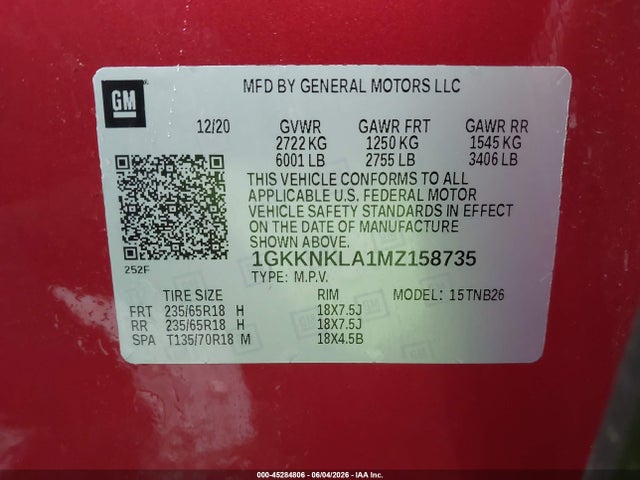 Aukcja sprzedaży 2021 Gmc Acadia Fwd Sle, vin: 1GKKNKLA1MZ158735, numer aukcji: 45284806