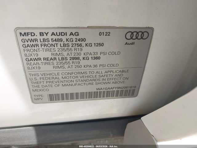 Продаж на аукціоні авто 2022 Audi Q5 Premium 45 Tfsi S Line Quattro S Tronic, vin: WA1GAAFY9N2061819, номер лоту: 45284822