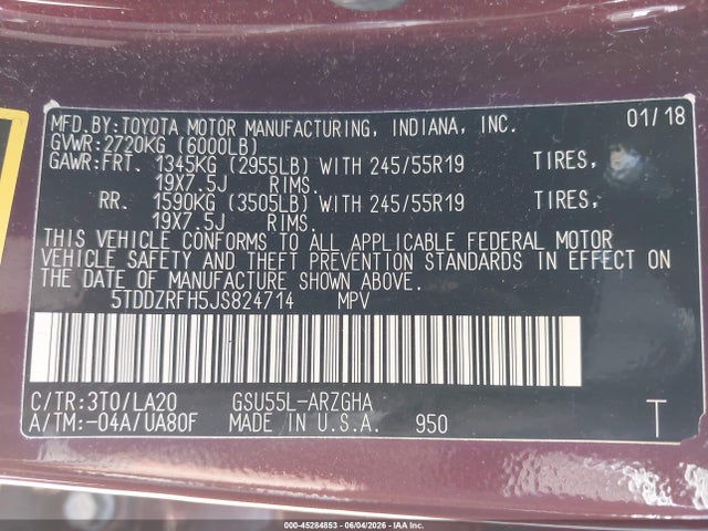 Aukcja sprzedaży 2018 Toyota Highlander Limited, vin: 5TDDZRFH5JS824714, numer aukcji: 45284853
