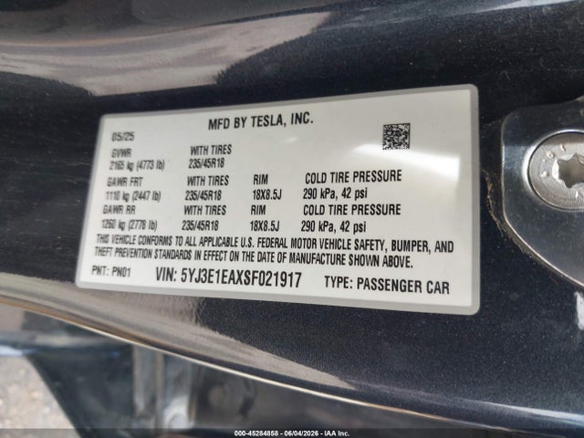 Продажа на аукционе авто 2025 Tesla Model 3 Long Range Rear-wheel Drive/standard Rear-wheel Drive, vin: 5YJ3E1EAXSF021917, номер лота: 45284858