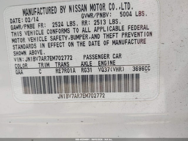 45284891 :رقم المزاد ، JN1BV7AR7EM702772 vin ، 2014 Infiniti Q50 Premium مزاد بيع