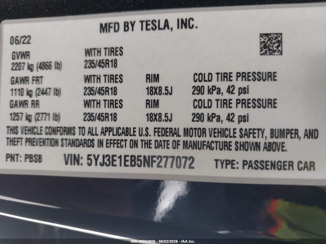 Tesla Model 3 Long Range Dual Motor All-wheel Drive 2022 5YJ3E1EB5NF277072 Image 9