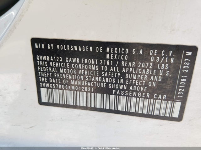 3VWG57BU6KM012031 Volkswagen Jetta 1.4t Sel Premium
