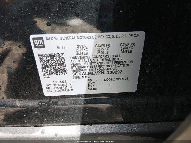 45284915 :رقم المزاد ، 3GKALMEVXNL108292 vin ، 2022 Gmc Terrain Fwd Sle مزاد بيع