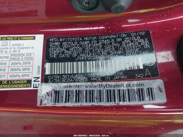 45284922 :رقم المزاد ، JTHFF2C2XA2510216 vin ، 2010 Lexus Is 250c مزاد بيع