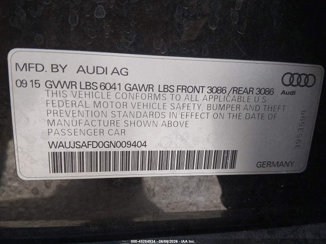 45284934 :رقم المزاد ، WAUJSAFD0GN009404 vin ، 2016 Audi S8 4.0t مزاد بيع