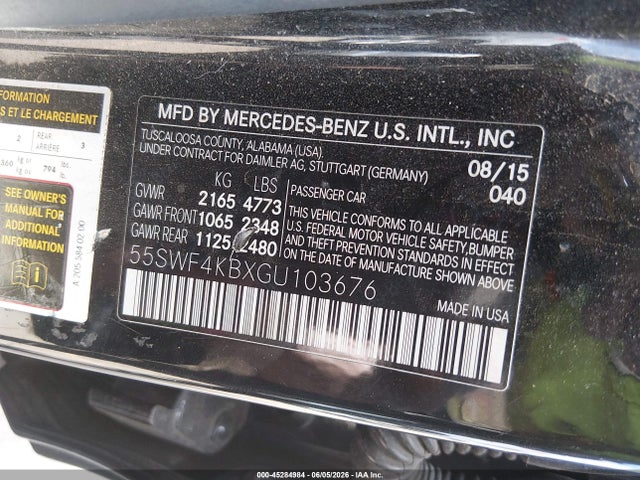 2016 Mercedes-benz C 300 4matic მანქანა იყიდება აუქციონზე, vin: 55SWF4KBXGU103676, აუქციონის ნომერი: 45284984