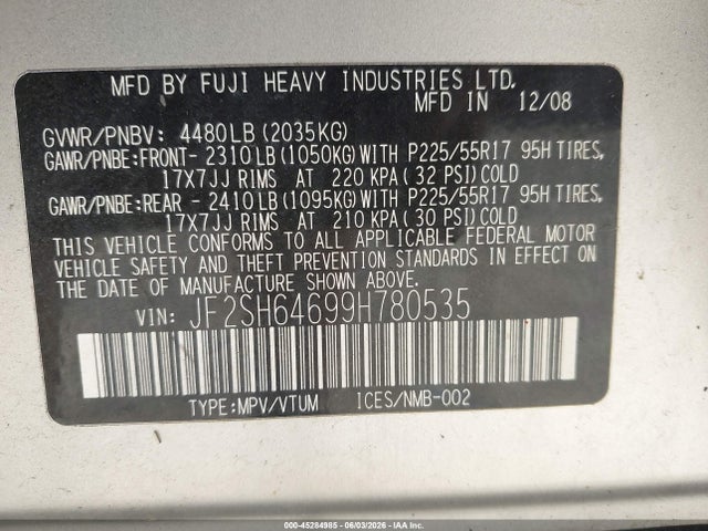 Продажа на аукционе авто 2009 Subaru Forester 2.5x Limited, vin: JF2SH64699H780535, номер лота: 45284985