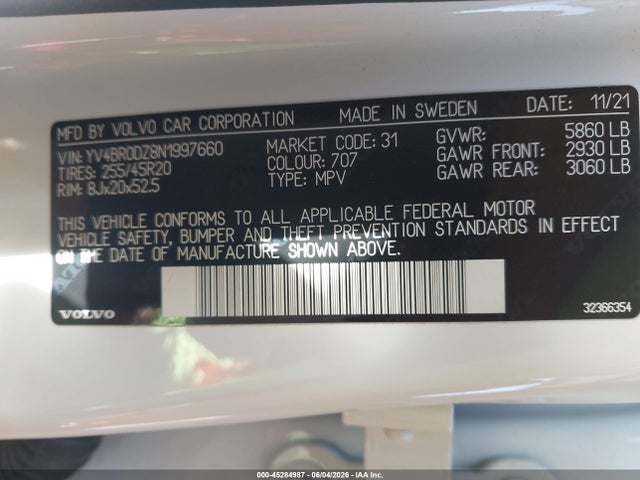 Auction sale of the 2022 Volvo Xc60 Recharge Plug-in Hybrid T8 Inscription Expression, vin: YV4BR0DZ8N1997660, lot number: 45284987