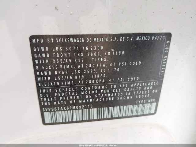 2023 Volkswagen Tiguan 2.0t Se R-line Black მანქანა იყიდება აუქციონზე, vin: 3VV8B7AX6PM092113, აუქციონის ნომერი: 45285003