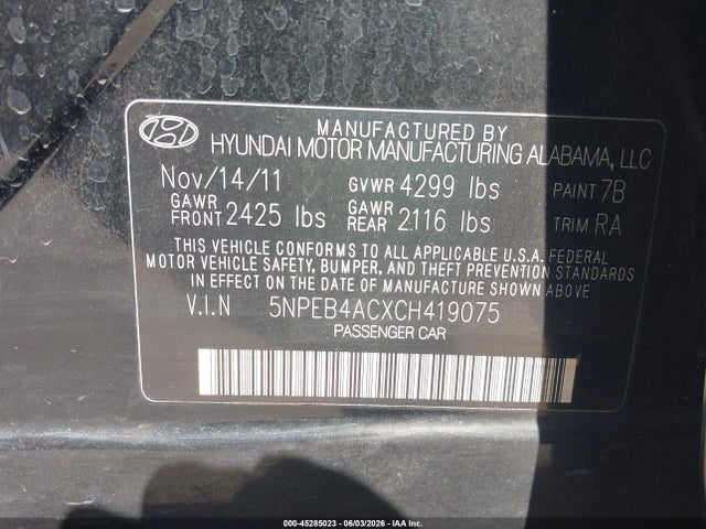 Продаж на аукціоні авто 2012 Hyundai Sonata Gls, vin: 5NPEB4ACXCH419075, номер лоту: 45285023