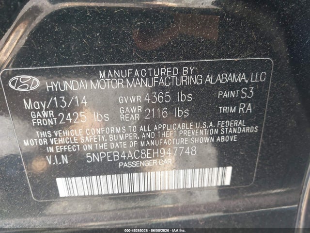 2014 Hyundai Sonata Gls მანქანა იყიდება აუქციონზე, vin: 5NPEB4AC8EH947748, აუქციონის ნომერი: 45285026