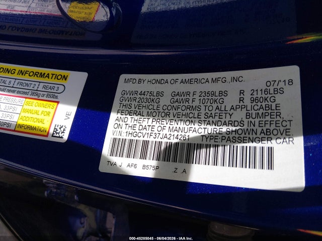 1HGCV1F37JA214261 Honda Accord Sport