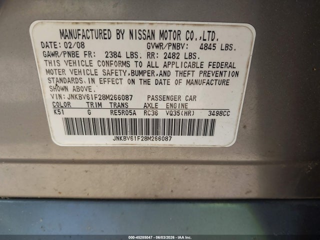 45285047 :رقم المزاد ، JNKBV61F28M266087 vin ، 2008 Infiniti G35x مزاد بيع
