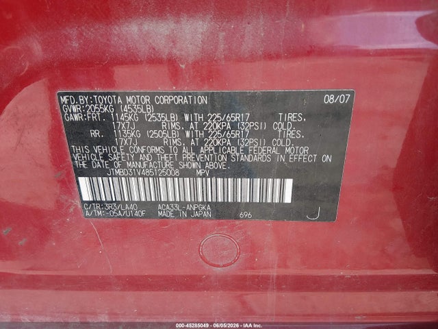 45285049 :رقم المزاد ، JTMBD31V485125008 vin ، 2008 Toyota Rav4 Limited مزاد بيع