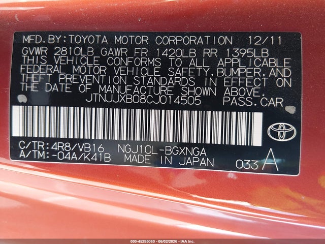 45285060 :رقم المزاد ، JTNJJXB08CJ014505 vin ، 2012 Scion Iq مزاد بيع