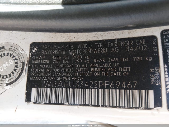 Продаж на аукціоні авто 2002 Bmw 325xi, vin: WBAEU33422PF69467, номер лоту: 45285066