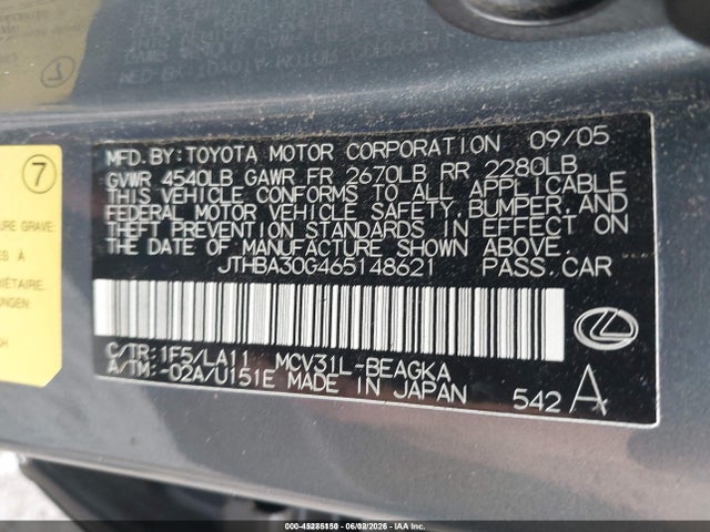 Продажа на аукционе авто 2006 Lexus Es 330, vin: JTHBA30G465148621, номер лота: 45285150