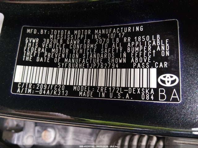 Toyota COROLLA SE 2018 5YFBURHE1JP762794 Image 9