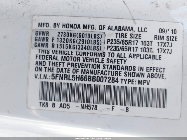 Aukcja sprzedaży 2011 Honda Odyssey Ex-l, vin: 5FNRL5H66BB007284, numer aukcji: 45285167