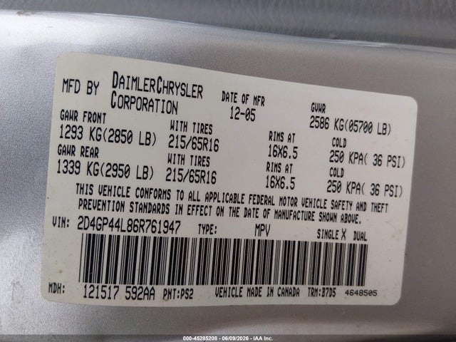 45285208 :رقم المزاد ، 2D4GP44L86R761947 vin ، 2006 Dodge Grand Caravan Sxt مزاد بيع