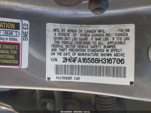 2008 Honda Civic Lx მანქანა იყიდება აუქციონზე, vin: 2HGFA16568H316706, აუქციონის ნომერი: 45285209