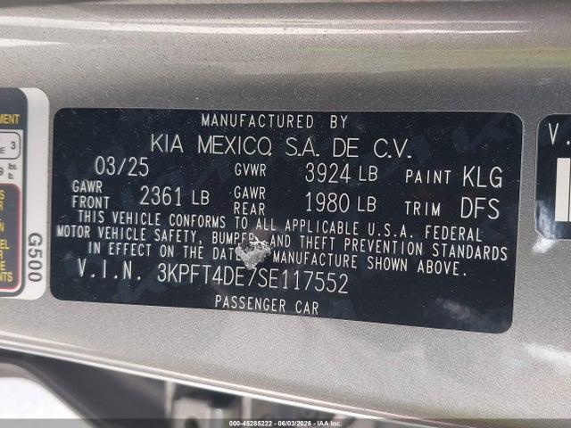 Aukcja sprzedaży 2025 Kia K4 Lxs, vin: 3KPFT4DE7SE117552, numer aukcji: 45285222