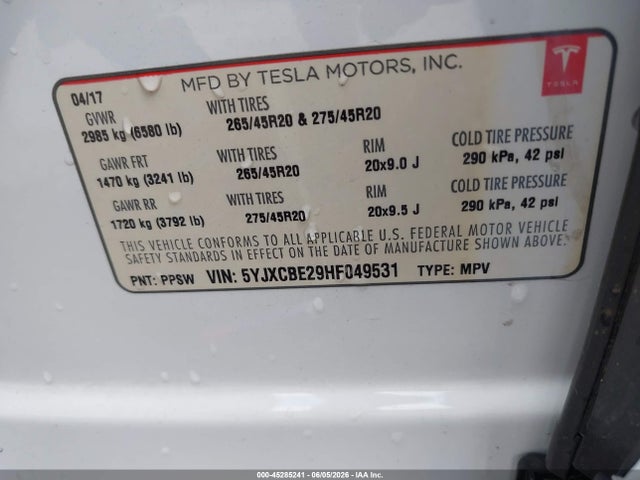 Aukcja sprzedaży 2017 Tesla Model X 100d/75d/90d, vin: 5YJXCBE29HF049531, numer aukcji: 45285241