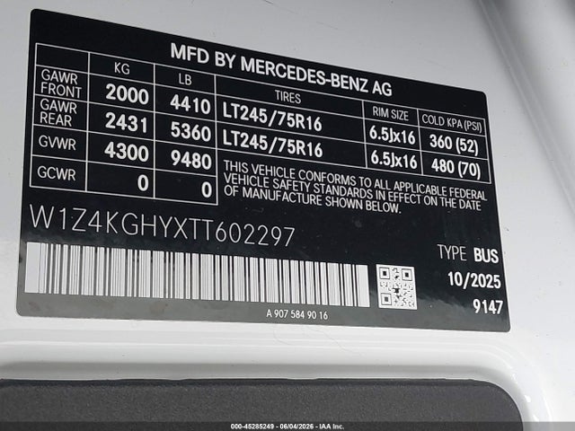 Aukcja sprzedaży 2026 Mercedes-benz Sprinter 2500 High Roof 4-cyl Diesel, vin: W1Z4KGHYXTT602297, numer aukcji: 45285249