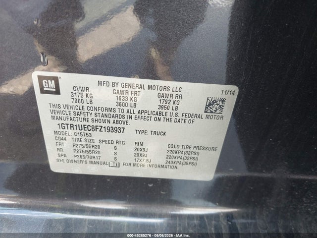 Продажа на аукционе авто 2015 Gmc Sierra 1500 Sle, vin: 1GTR1UEC8FZ193937, номер лота: 45285276