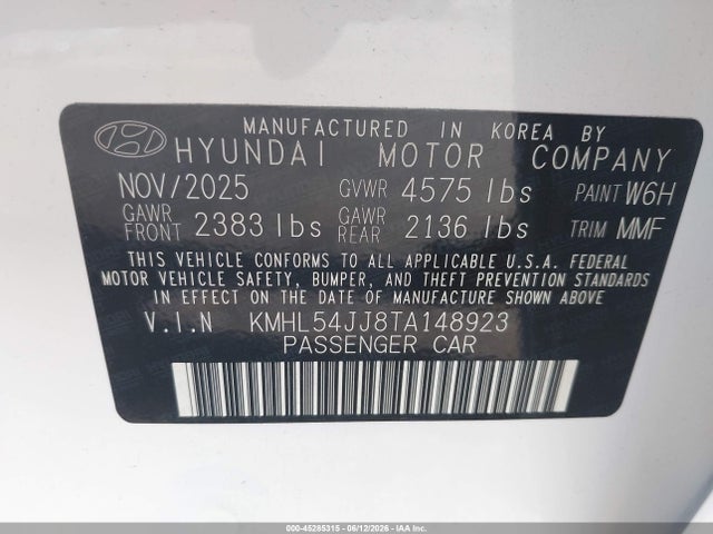 Продажа на аукционе авто 2026 Hyundai Sonata Hybrid Limited, vin: KMHL54JJ8TA148923, номер лота: 45285315