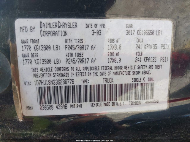 Aukcja sprzedaży 2003 Dodge Ram 1500 Slt/laramie/st, vin: 1D7HU18N33S286776, numer aukcji: 45285318