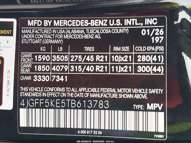 Aukcja sprzedaży 2026 Mercedes-benz Gls 450 4matic, vin: 4JGFF5KE5TB613783, numer aukcji: 45285319