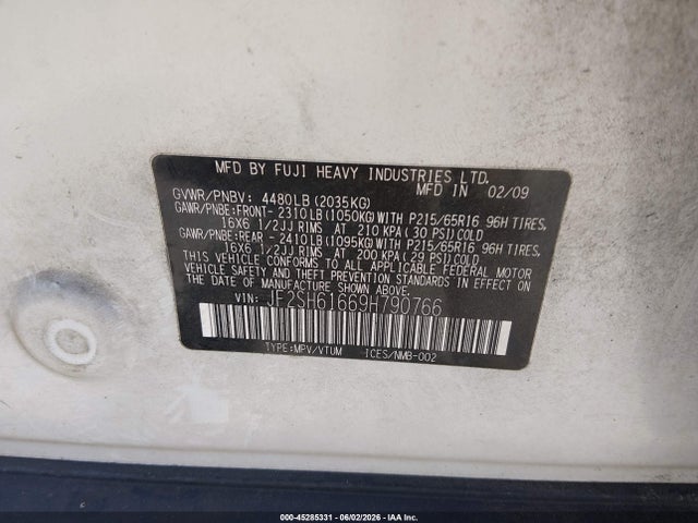 Продаж на аукціоні авто 2009 Subaru Forester 2.5x, vin: JF2SH61669H790766, номер лоту: 45285331
