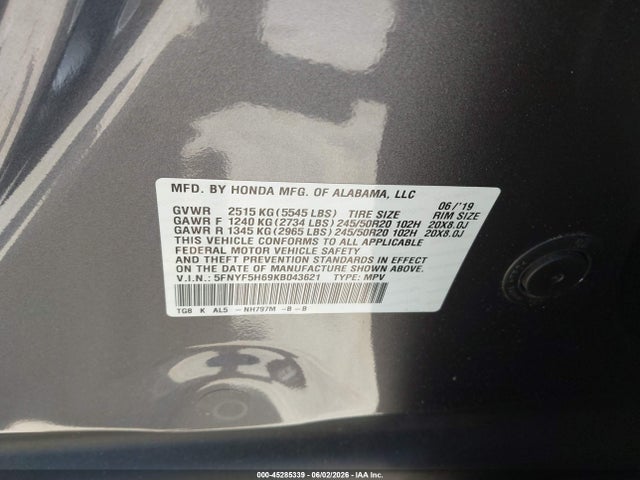 Honda Pilot Touring 2019 5FNYF5H69KB043621 Image 9