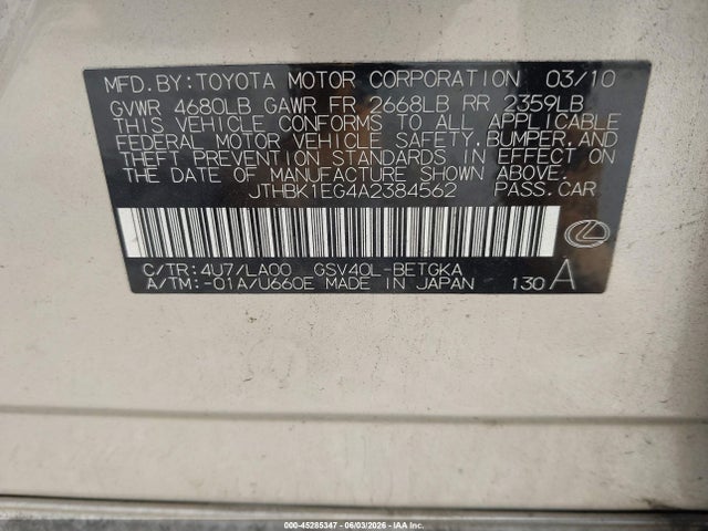 Aukcja sprzedaży 2010 Lexus Es 350, vin: JTHBK1EG4A2384562, numer aukcji: 45285347