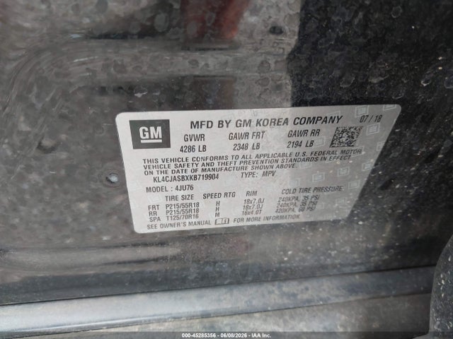 2019 Buick Encore Fwd Preferred მანქანა იყიდება აუქციონზე, vin: KL4CJASBXKB719904, აუქციონის ნომერი: 45285356