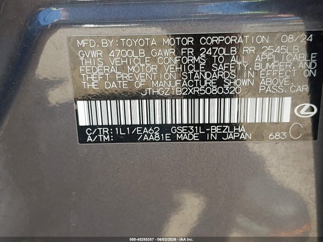 45285357 :رقم المزاد ، JTHGZ1B2XR5080320 vin ، 2024 Lexus Is 350 F Sport مزاد بيع
