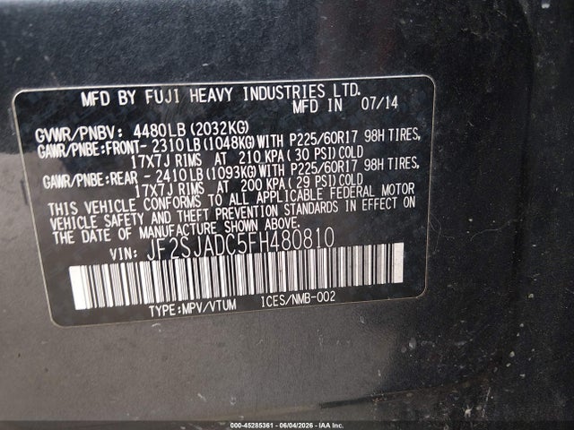 Продаж на аукціоні авто 2015 Subaru Forester 2.5i Premium, vin: JF2SJADC5FH480810, номер лоту: 45285361