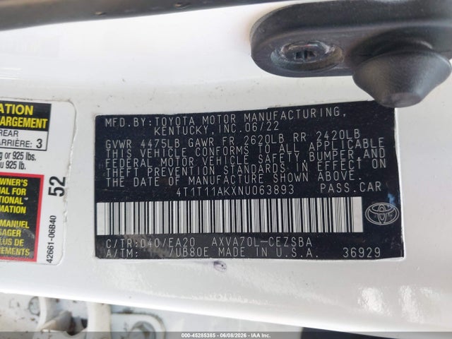 Aukcja sprzedaży 2022 Toyota Camry Se, vin: 4T1T11AKXNU063893, numer aukcji: 45285385