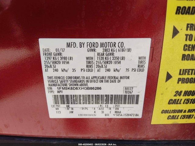 Aukcja sprzedaży 2017 Ford Explorer Xlt, vin: 1FM5K8D8XHGB86286, numer aukcji: 45285402