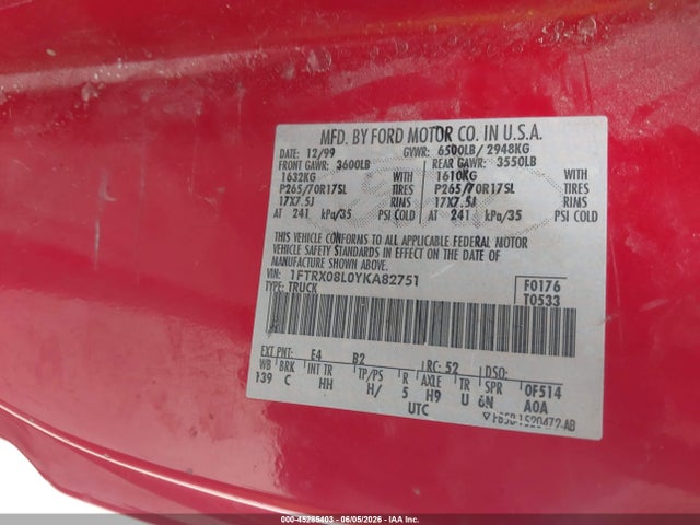 Aukcja sprzedaży 2000 Ford F-150 Lariat/xl/xlt, vin: 1FTRX08L0YKA82751, numer aukcji: 45285403